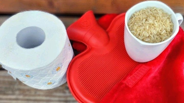 Eine rote W&auml;rmflasche liegt neben einer Tasse mit Reis und einem K&uuml;chenpapier, ideal f&uuml;r Omas Hausmittel bei Magen-Darm-Grippe.