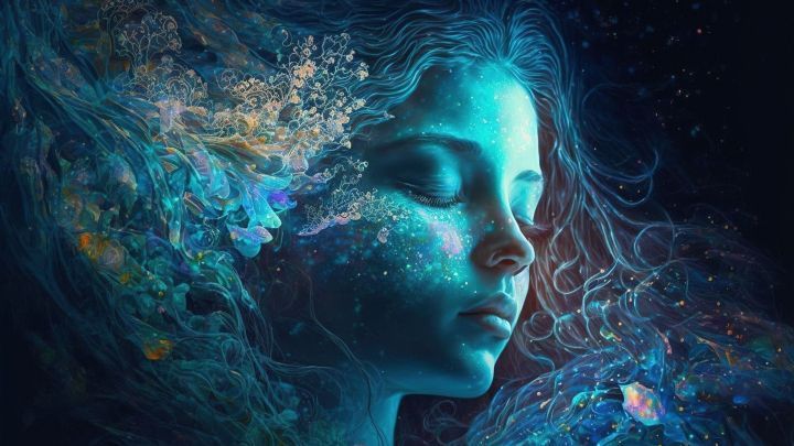 Ein Gesicht mit geschlossenen Augen gleitet in einem leuchtenden, geheimnisvollen Farbenspiel, das Sch&ouml;nheit und Tr&auml;ume verk&ouml;rpert.