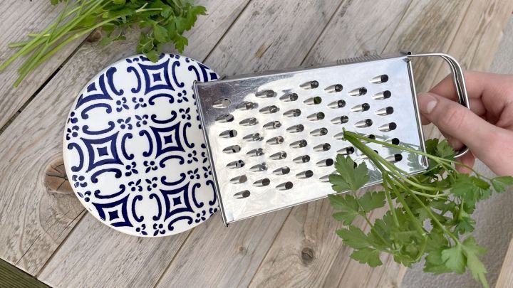 Frische Kr&auml;uter werden mit einer Reibe auf einem designvollen Teller vom Stiel getrennt, auf einem Holztisch.