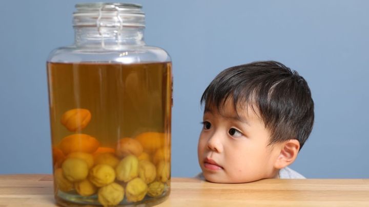 Ein Kind schaut neugierig auf ein gro&szlig;es Glas mit Schnaps und eingelegten Fr&uuml;chten auf einem Holztisch.
