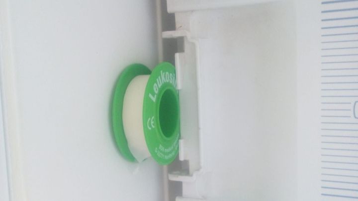 Die Gefrierfachklappe h&auml;lt, w&auml;hrend ein gr&uuml;ner Ersatzring eingesetzt wird. Die Umgebung zeigt das Innenleben eines K&uuml;hlschranks.