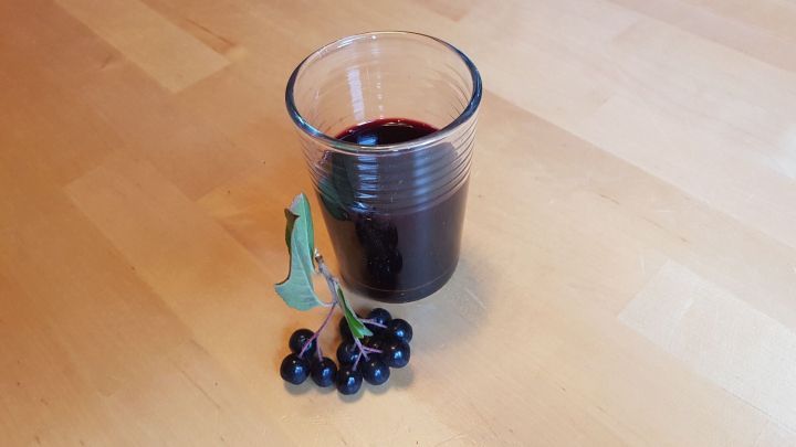 Ein Glas tiefroter Saft steht auf einem Holztisch, umgeben von frischen Beeren und einem Blatt, das als kulinarischer Ersatz dient.
