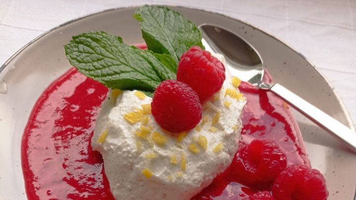 Eine Ricotta-Nachspeise liegt auf einem Teller, umgeben von Himbeersauce und frischen Himbeeren, dekoriert mit Minze.