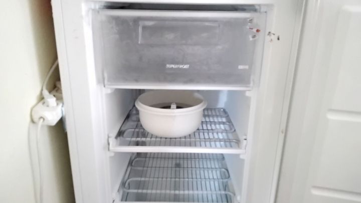 Ein Gefrierschrank mit gestapelten Regalen steht ge&ouml;ffnet da, w&auml;hrend eine Sch&uuml;ssel im oberen Fach darauf wartet, abgetaut zu werden.