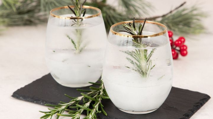 Zwei elegante Gl&auml;ser mit klarem Getr&auml;nk und Rosmarinzweig stehen auf einem schwarzen Untersetzer, umgeben von gr&uuml;nen Zweigen.