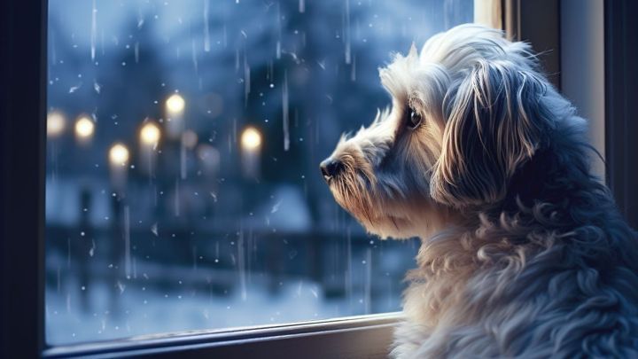 Ein Hund sitzt am Fenster und beobachtet den Regen drau&szlig;en, umgeben von einer winterlichen, melancholischen Stimmung.