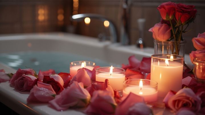 Eine Badewanne ist mit Wasser gef&uuml;llt, umgeben von bl&uuml;henden Rosen und brennenden Kerzen, die eine entspannende Atmosph&auml;re schaffen.
