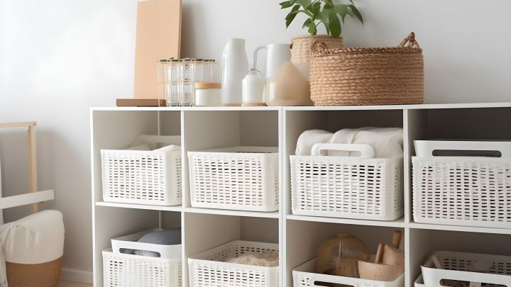 Ein Regal organisiert mit wei&szlig;en K&ouml;rben, gef&uuml;llt mit verschiedenen Gegenst&auml;nden, platziert in einem modernen, hellen Raum.