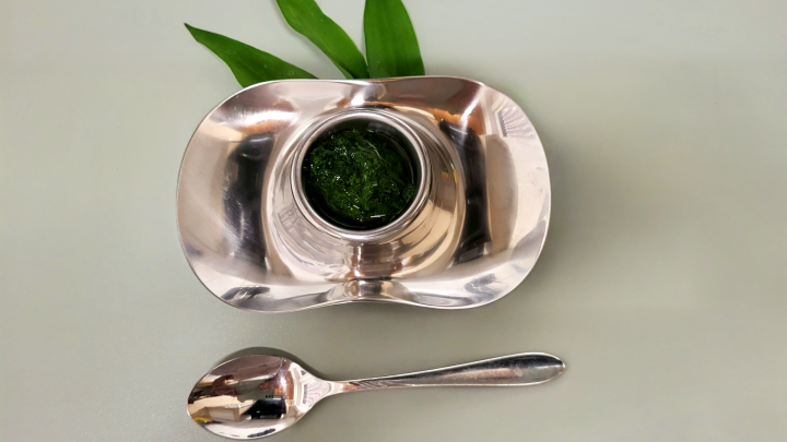 Eine silberne Schale mit B&auml;rlauchpaste steht im Mittelpunkt, umgeben von frischen Bl&auml;ttern und einem L&ouml;ffel.