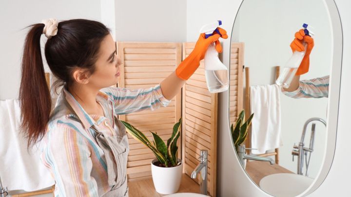 Eine Frau reinigt einen Spiegel mit einem Spray in einem Badezimmer, um f&uuml;r mehr Klarheit und Sauberkeit zu sorgen.