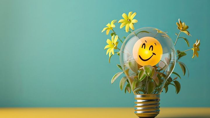 Eine Gl&uuml;hbirne mit einem l&auml;chelnden Gesicht und bunten Blumen steht vor einem blauen Hintergrund und symbolisiert positives Denken.