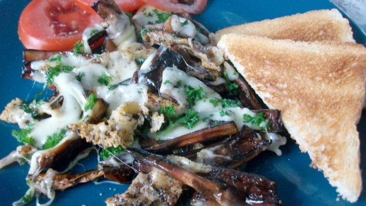 &Uuml;berbackene japanische Auberginen liegen auf einem blauen Teller, garniert mit frischen Tomatenscheiben und Toast.
