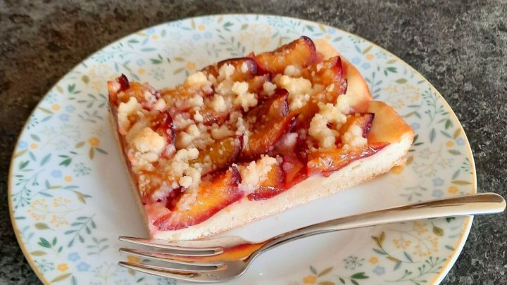 Ein St&uuml;ck Zwetschgenkuchen liegt auf einem gebl&uuml;mten Teller; eine Gabel daneben, auf einem dunklen Tisch.