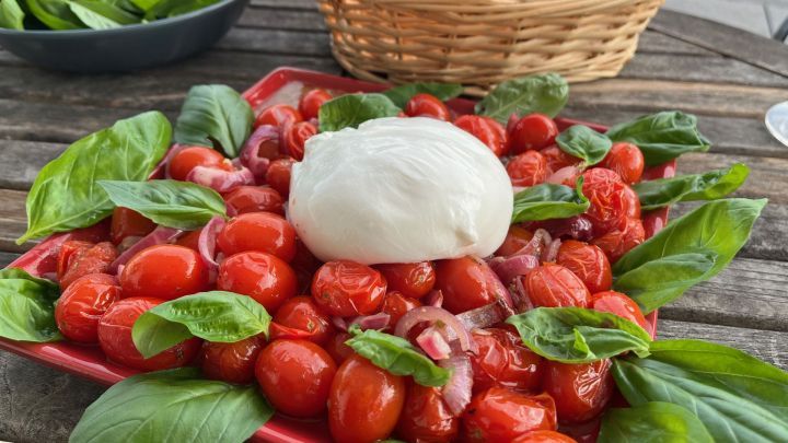 Burrata di Bufala ruht auf warmen Honig-Tomaten mit Basilikum auf rotem Teller, im Hintergrund Brot und Spinatbl&auml;tter.