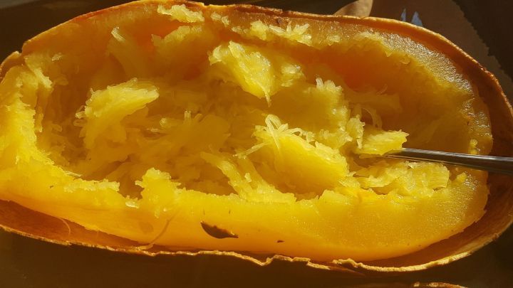 Entdecke die leckeren M&ouml;glichkeiten des Spaghettik&uuml;rbisses! Dieses Bild zeigt das goldene Fruchtfleisch, das nach dem Backen einfach mit einer Gabel zu langen F&auml;den zerzogen wird. Ideal f&uuml;r ein kalorienarmes Pasta-Erlebnis.