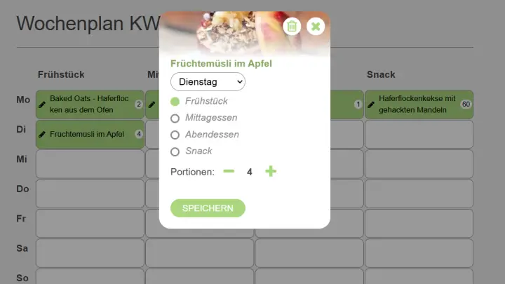 Klickst du auf den Stift links neben dem Rezeptnamen, kannst du das Gericht an einer anderen Stelle einplanen und die Portionen anpassen. Klickst du auf den Stift links neben dem Rezeptnamen, kannst du das Gericht an einer anderen Stelle einplanen und die Portionen anpassen.