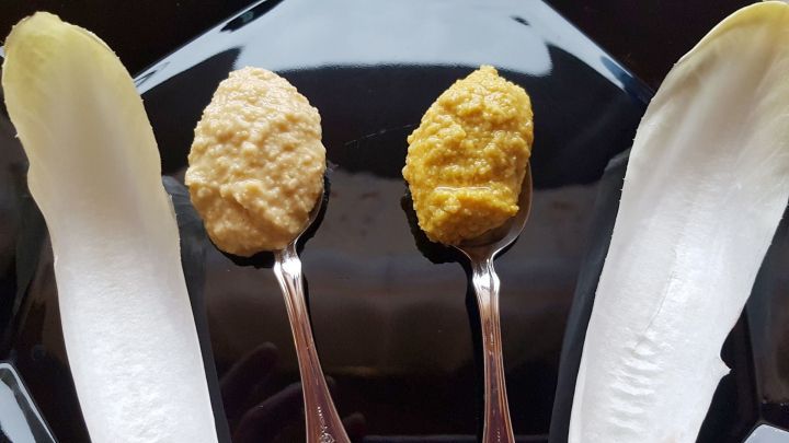 Probiere verschiedene Hummus-Variationen: Der Artikel zeigt dir, wie du Hummus kreativ zubereitest. Auf dem Bild siehst du zwei leckere, selbstgemachte Varianten, serviert mit Chicor&eacute;e-Bl&auml;ttern &ndash; ideal als gesunder Snack oder Vorspeise.