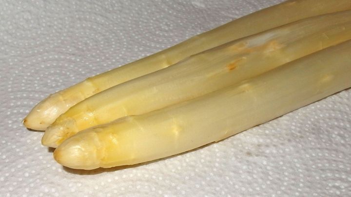 Gesch&auml;lter Spargel liegt auf einem Papiertuch und zeigt seine frische, glatte Oberfl&auml;che in einer sauberen K&uuml;che.