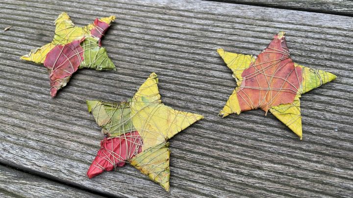Aus buntem Herbstlaub, Pappe und etwas Draht kann man im Herbst tolle DIY-Sterne basteln.