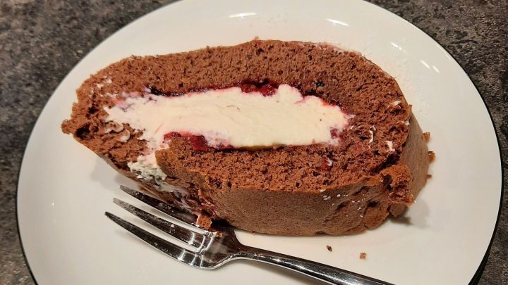 Bei dieser leckeren Schokobiskuitrolle muss man sich geh&ouml;rig anstrengen, um nicht ein zweites St&uuml;ck zu vernaschen.