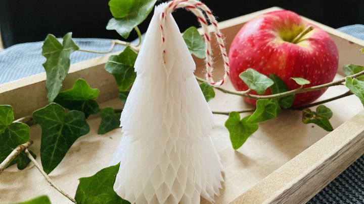 Mit Wabenpapier und etwas Geschick bastelst du festliche Tannenb&auml;umchen &ndash; perfekt als Deko zum Aufh&auml;ngen.