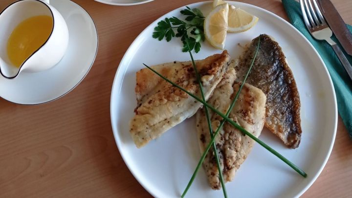 Die Doradenfilets werden auf vorgew&auml;rmten Tellern angerichtet. Kartoffeln und Gurkensalat gibt es als Beilage.