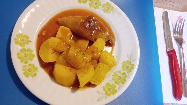 Hier seht ihr meine fertigen kleinen Kohlrouladen mit Salzkartoffeln, sch&ouml;n angerichtet und zum Servieren bereit.