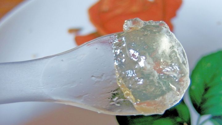 Ein kleiner L&ouml;ffel mit Holunderbl&uuml;tengelee in gl&auml;nzender, gelatineartiger Konsistenz liegt auf einem Teller mit bunten Motiven.