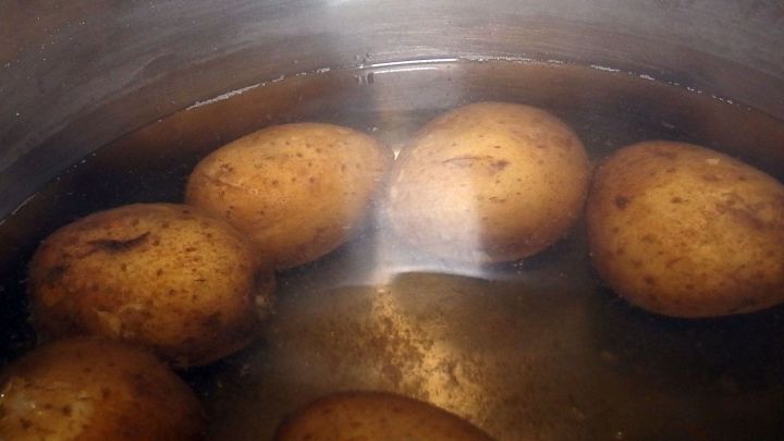 In einem Topf mit Wasser liegen potenziell verschmutzte Kartoffeln, die zum Kochen vorbereitet werden.
