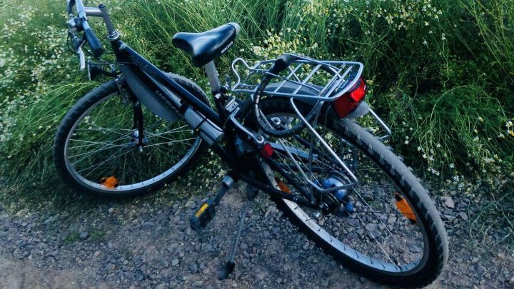 Ein Fahrrad liegt entspannt auf einem Weg, umgeben von bl&uuml;henden Wiesen und einem weiten Feld im Hintergrund.