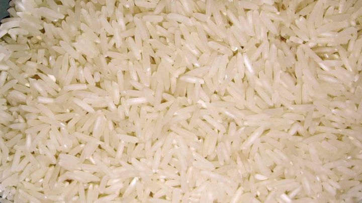 Lockerer Reis liegt ungenutzt in einer Sch&uuml;ssel, die K&ouml;rner sind getrennt und gl&auml;nzend im diffusen Licht.