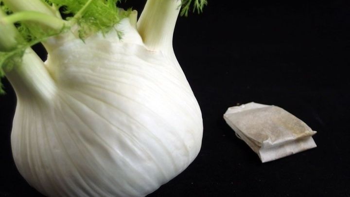 Ein Fenchelknolle steht neben einem Teebeutel, symbolisiert die Verwendung von Fencheltee bei Augenentz&uuml;ndungen.