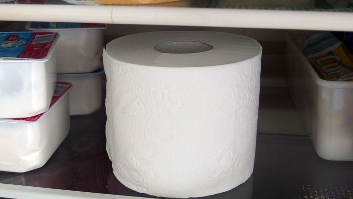 Ein Rollen Toilettenpapier liegt im K&uuml;hlschrank auf einem Regal zwischen Lebensmitteln und verleiht Frische.
