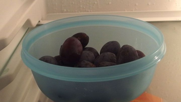 In einer blauen Sch&uuml;ssel im K&uuml;hlschrank befinden sich mehrere kalte Pflaumen, frisch und bereit zum Entsteinen.