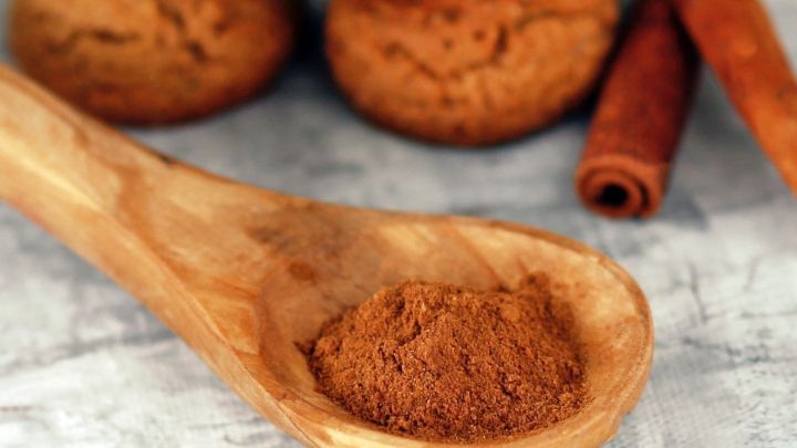 Eine Holzl&ouml;ffel mit Zimt liegt neben frisch gebackenen Keksen, die auf einem hellen Tuch arrangiert sind.