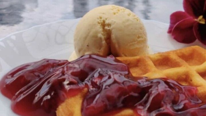Goldene Vanille-Waffeln liegen auf einem Teller, garniert mit fruchtiger roter Sauce und einer Kugel Vanilleeis.