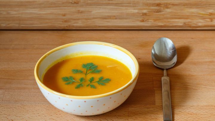 Eine Sch&uuml;ssel eurasische K&uuml;rbissuppe steht auf einem Holztisch, dekoriert mit frischen Kr&auml;utern und einem L&ouml;ffel daneben.