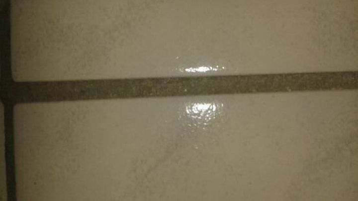 Fliesenfugen sind sauber und gl&auml;nzend, w&auml;hrend eine Zahnb&uuml;rste und Scheuermilch zur Reinigung bereitliegen.