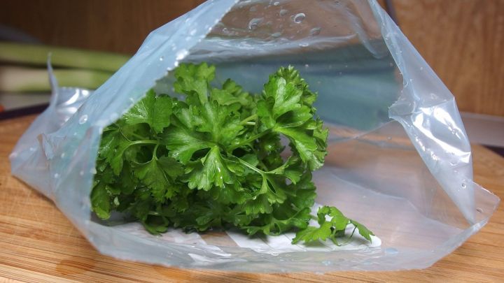Frische Petersilie liegt in einer durchsichtigen T&uuml;te auf einem Holzbrett, umgeben von einer nat&uuml;rlichen K&uuml;che.