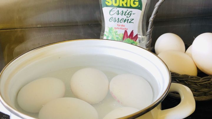 Ein Topf mit weichgekochten Eiern schwimmt in Wasser, w&auml;hrend eine Flasche Essig daneben steht.