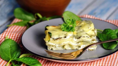 Die Spinatlasagne liegt auf einem grauen Teller, garniert mit Kräutern, umgeben von frischem Spinat und einer Schüssel Salat.