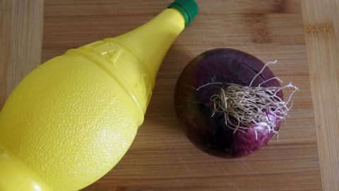 Keine nach Zwiebel stinkende Hände mit Zitronensaft. Eine gelbe Zitronenpressflasche liegt neben einer roten Zwiebel auf einem Holzbrett, um stinkende Hände zu vermeiden.