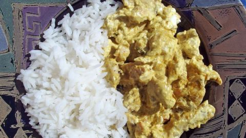 Ein Teller zeigt geschnetzeltes Gericht mit einer cremigen Sauce neben weißem Reis auf einem bunten, runden Teller.