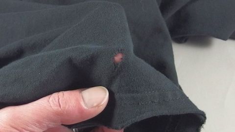 Ein Hand hält ein schwarzes Kleidungsstück mit einem kleinen Loch, was auf Mottenschäden hinweist. Ein Hinweis auf „Motten“.