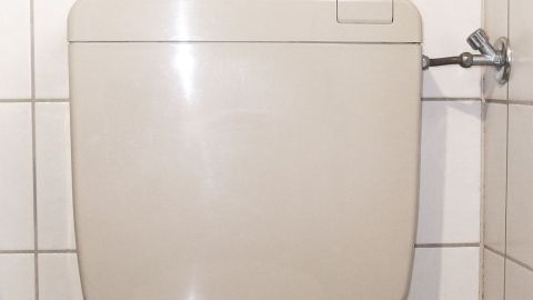 Ein Spülkasten ist an einer Wand montiert, bereit zur Nutzung in einem Badezimmer. Warnung vor Spülkasten-Duft-Tabs.