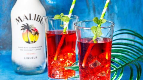 Zwei Gläser mit rotem Getränk und Eiswürfeln stehen vor einer Flasche Malibu, umgeben von einem tropischen Hintergrund.