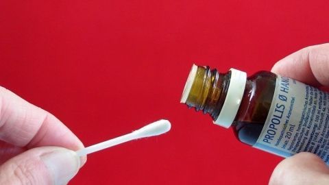 Eine Hand hält einen Wattestäbchen, der bereit ist, in eine Flasche mit Propolis-Tropfen für Lippenherpes getaucht zu werden.