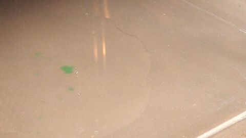 Ein verschmutzter Backofen mit einer glitschigen, feuchten Oberfläche zeigt Rückstände nach der Dampfreinigung.