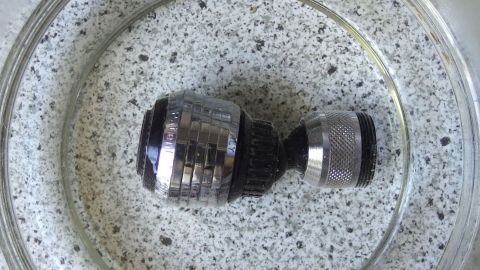 Ein Wasserkocher steht in einer Schüssel mit Wasser und zeigt zwei "Kalke", die gründlich gereinigt werden.