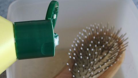 Bürsten in Scheuermilch einweichen lassen und sie sehen aus wie neu. Eine Hand hält eine Flasche mit Scheuermilch über eine Haarbürste in einem Behälter, bereit zum Reinigen.